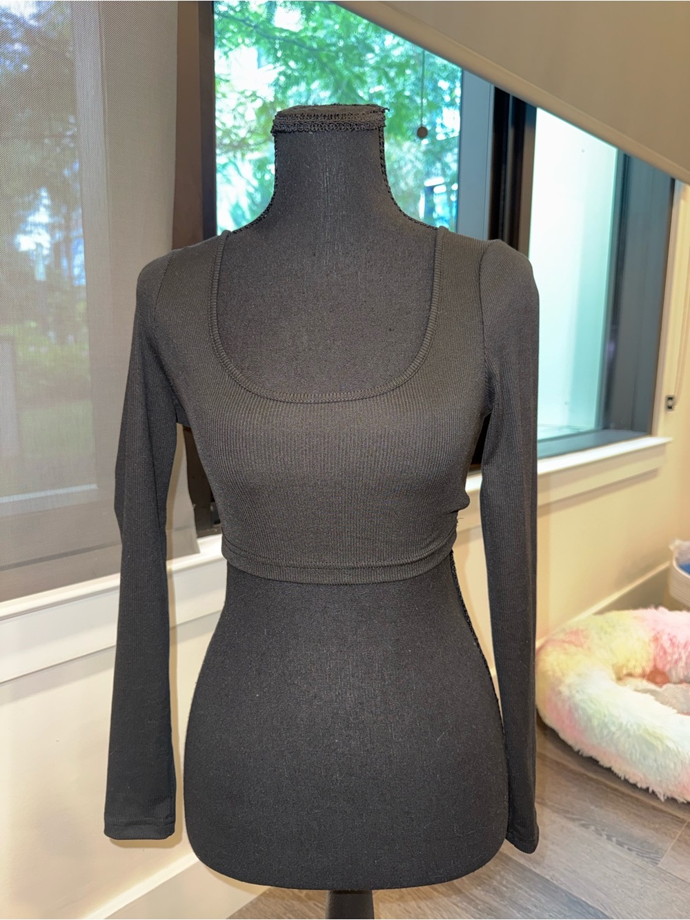 SHEIN Black Long-Sleeve Ribbed Scoop Crop Top